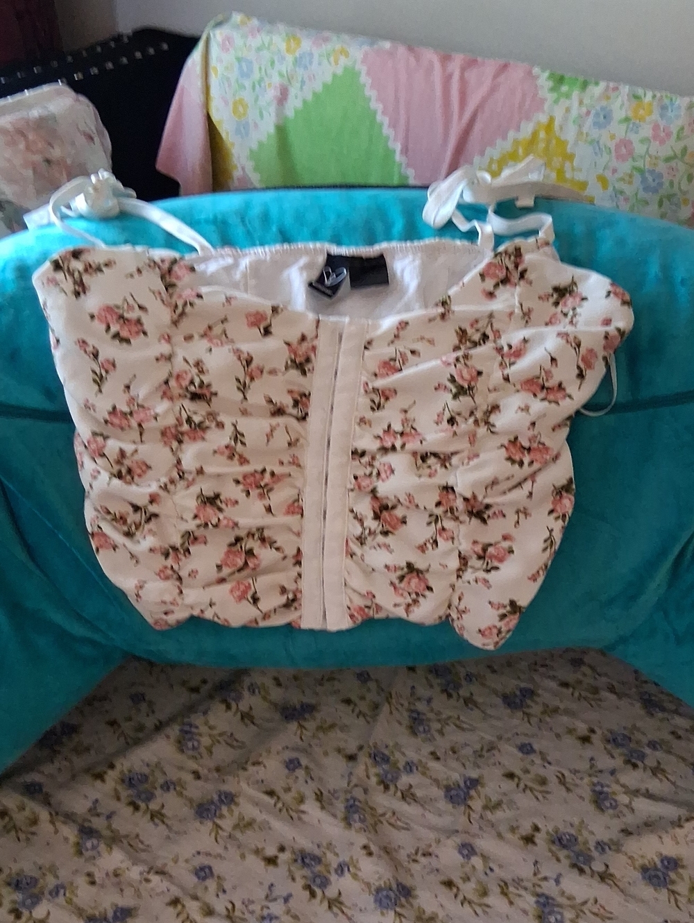 Windsor, Floral Ruched Bustier Crop Top in White & Pink